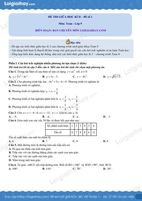 Đề thi giữa kì 2 Toán 9 - Đề số 1